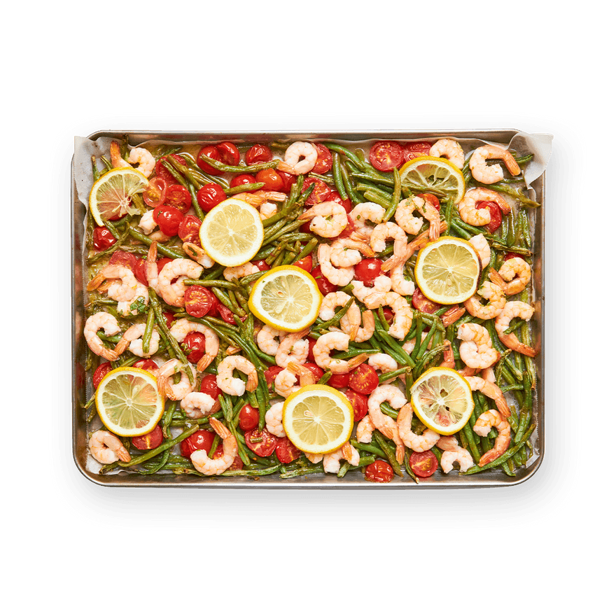 Sheet pan crevettes, tomates & haricots verts