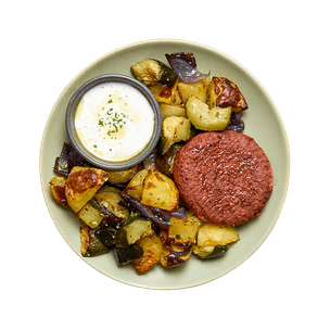 steak-vege-legumes-rotis-aux-herbes-et-sauce-yaourt