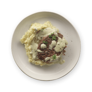 bunless-burger-with-blue-cheese-sauce-and-mashed-potatoes