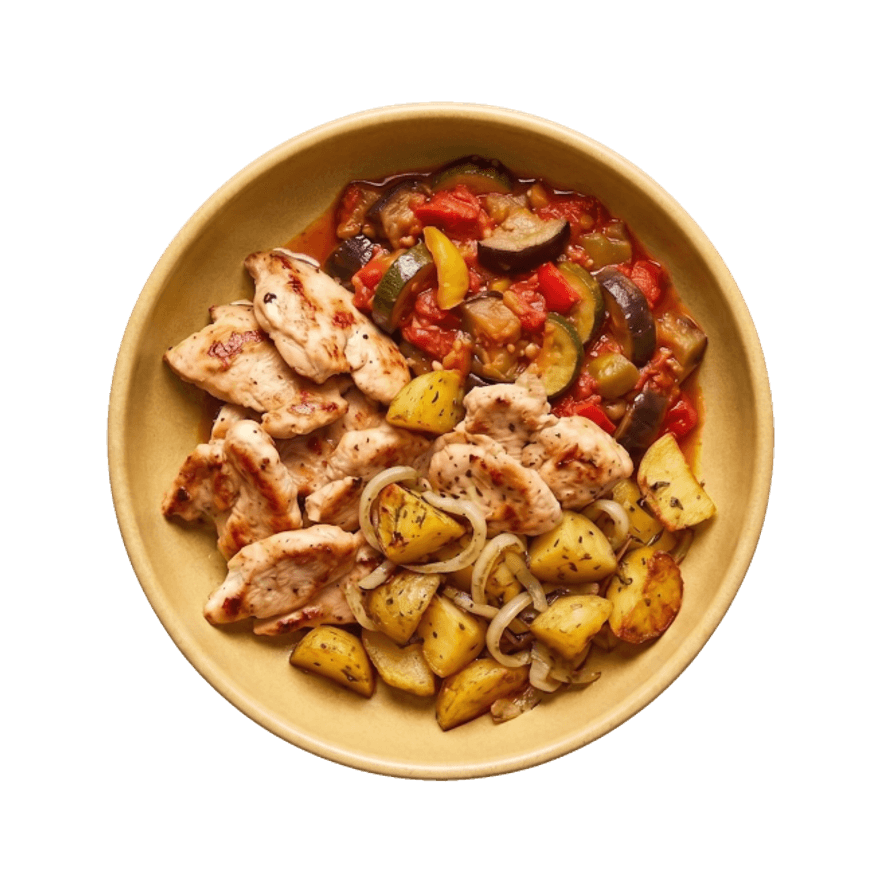 Poulet, pommes de terre rôties & ratatouille