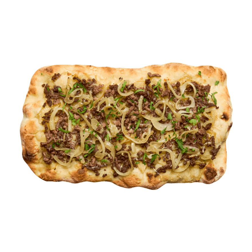 Pinsa bœuf, oignon confit & comté
