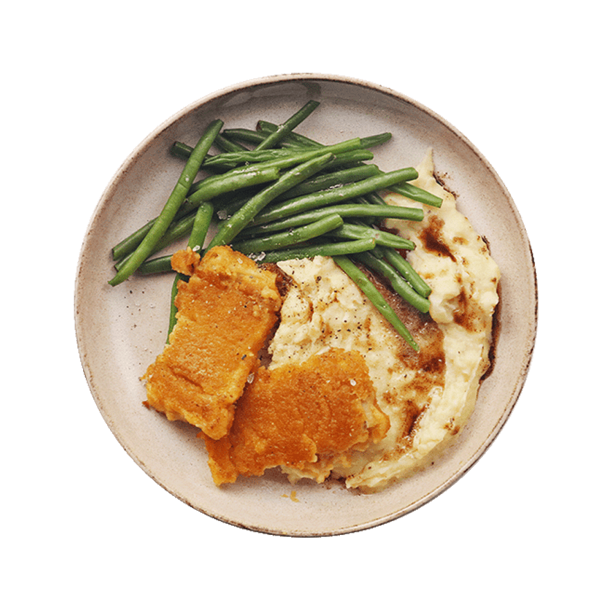 Breaded fish fillet, mashed potatoes & green beans