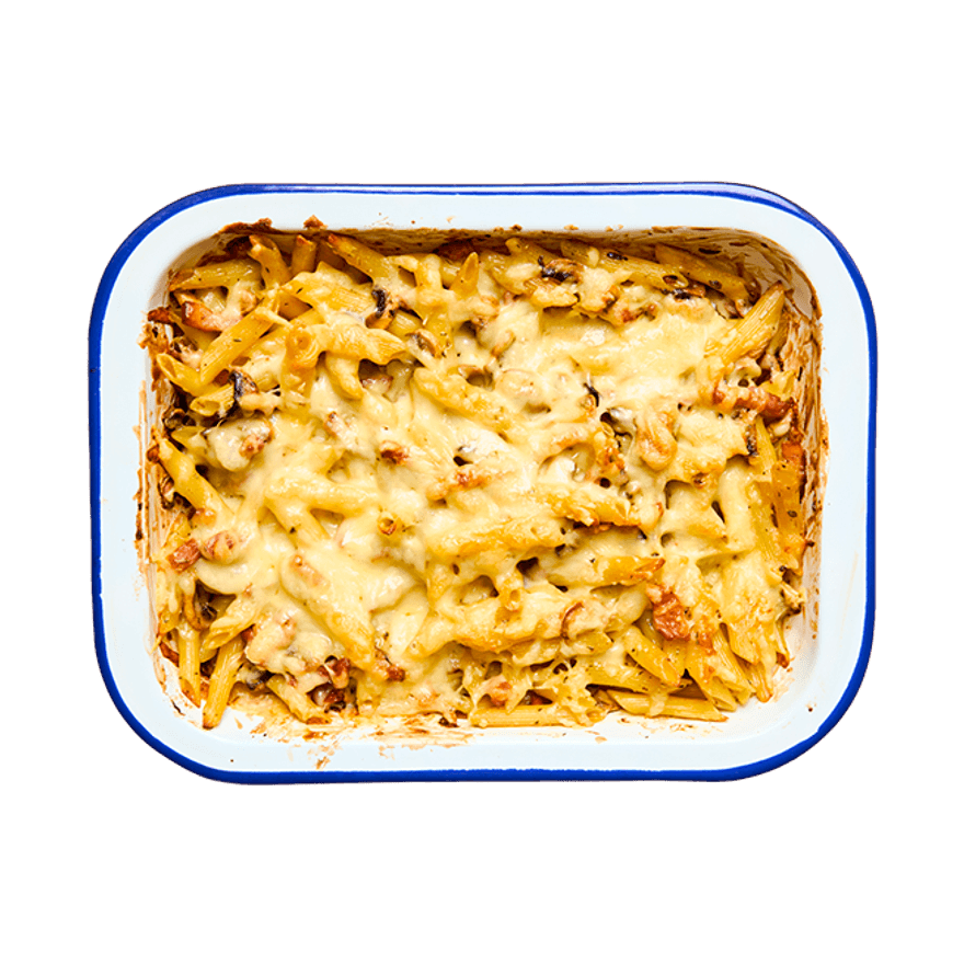 Gratin de pâtes aux champignons & lardons