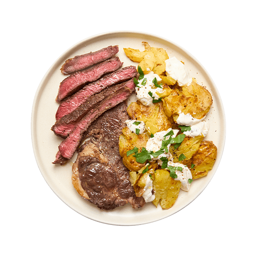 Basse côte, smashed potatoes & sauce aux herbes