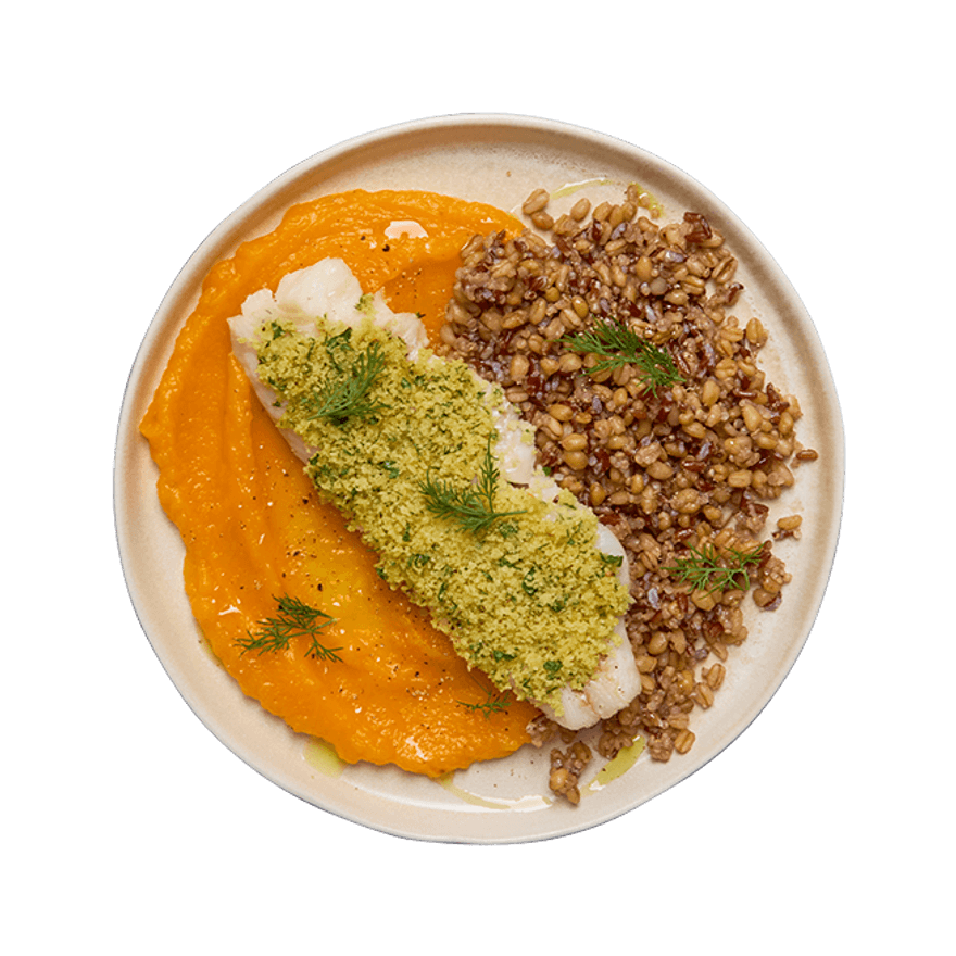 Églefin en croûte d'herbes & purée de potimarron