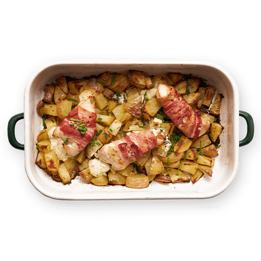 Poulet ail et fines herbes, lard & pommes de terre