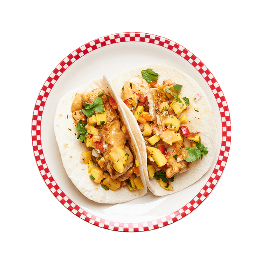 Fish tacos au air-fryer & salsa à la mangue