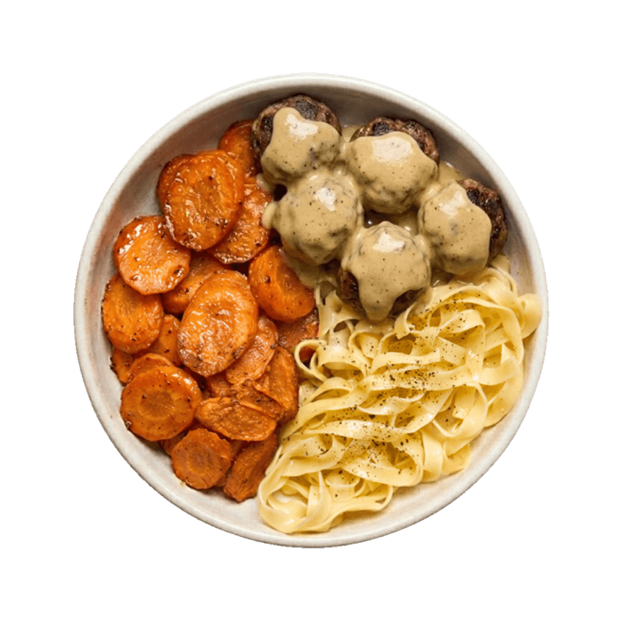 Boulettes sauce au poivre, tagliatelle & carottes rôties