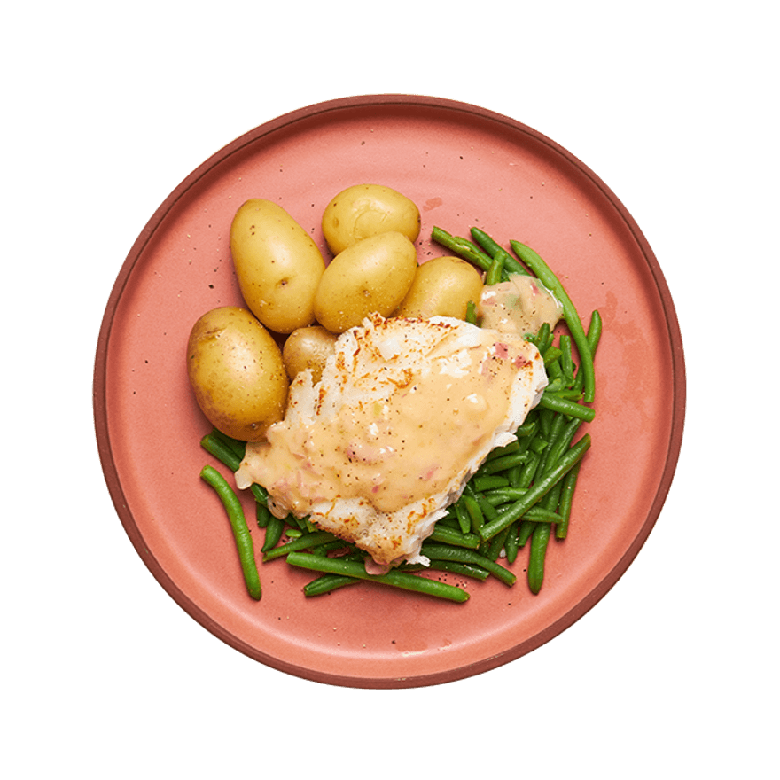 Cabillaud au beurre blanc, haricots verts & pommes de terre