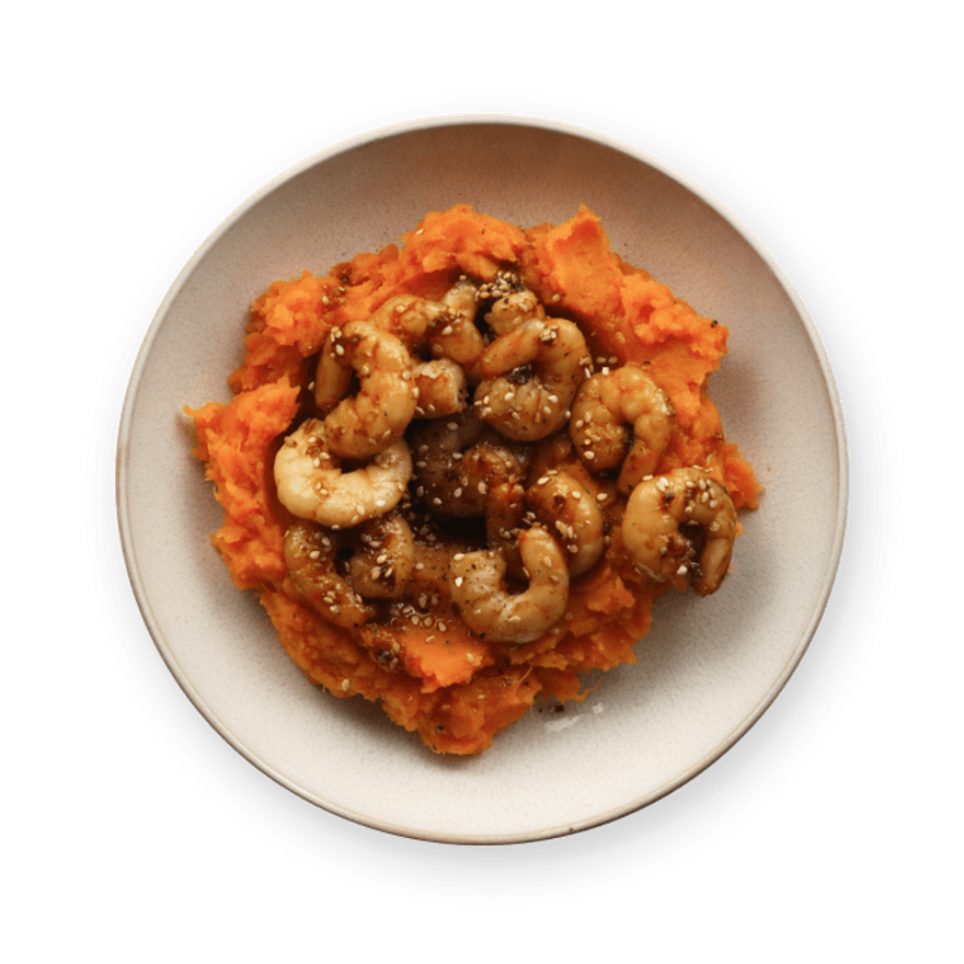 Crevettes au miel & patate douce