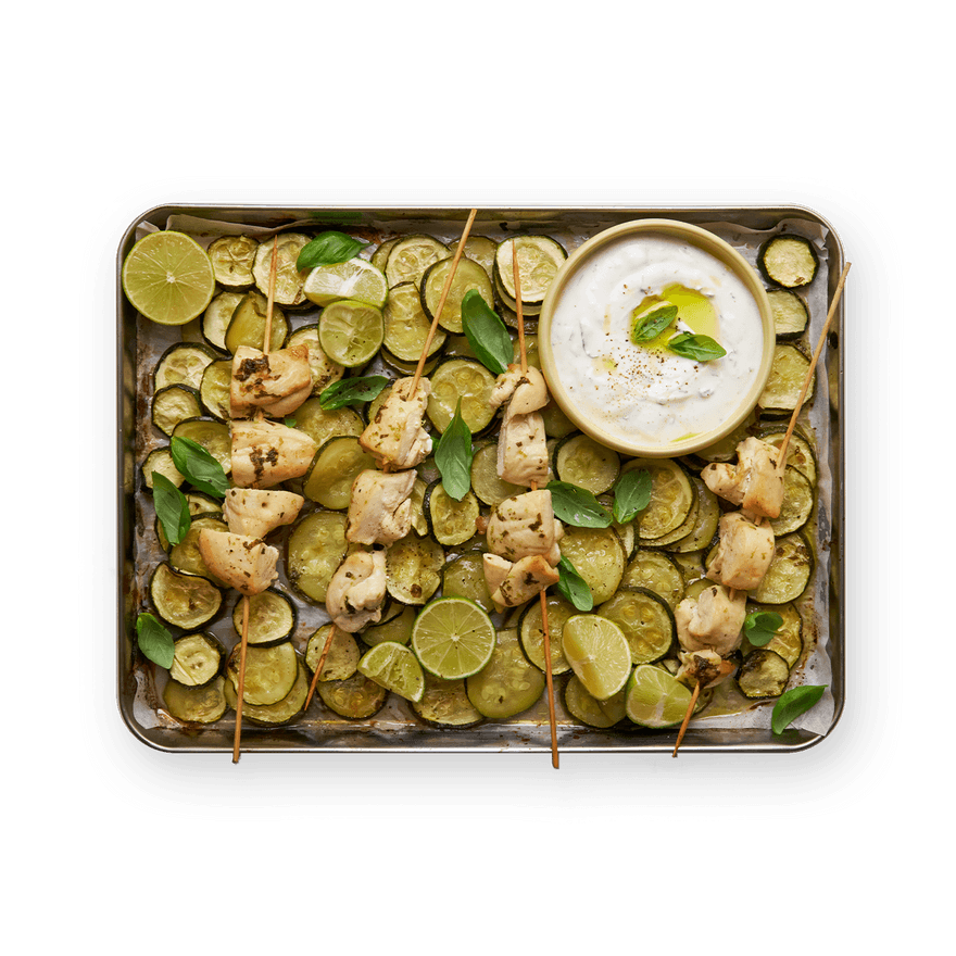 Brochettes de poulet mariné & courgettes