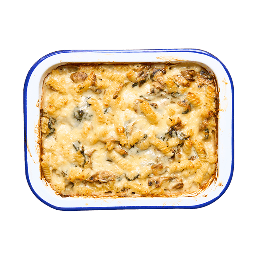 Gratin de pâtes aux champignons, épinards & comté