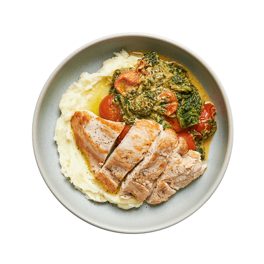 Escalope de dinde, tomates cerises & écrasé de pommes de terre