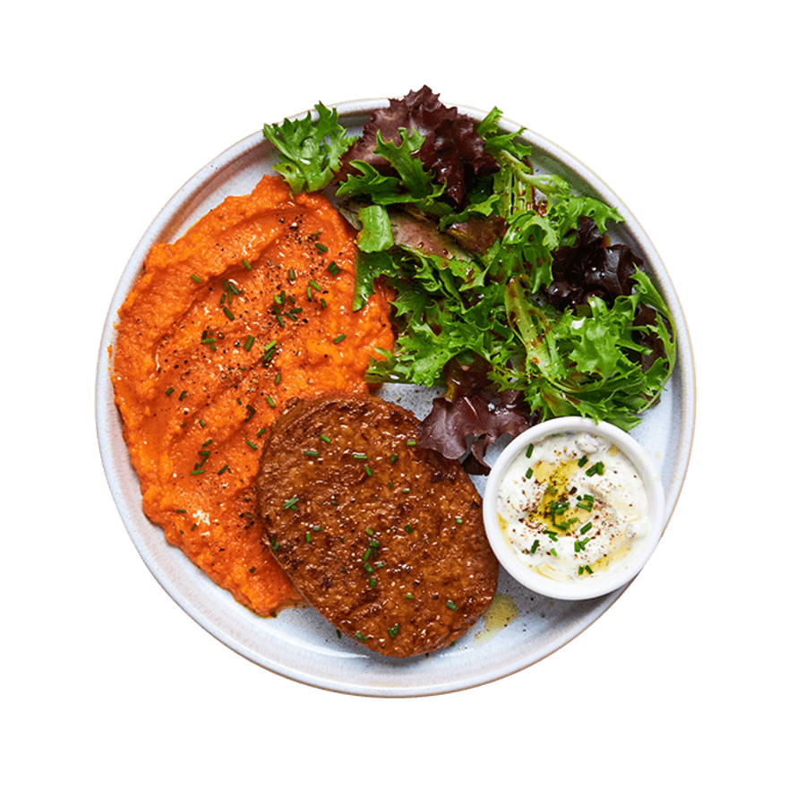 Galette végé, purée de carotte & tzatziki