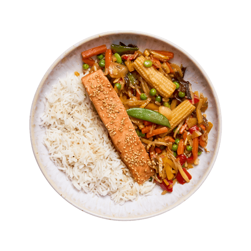 Saumon, poêlée de légumes à l'asiatique & riz