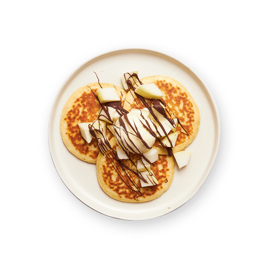 Pancakes express glace vanille, poire & chocolat