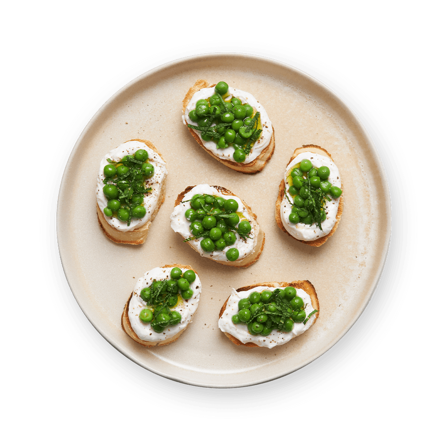 Crostini ricotta, petits pois & menthe