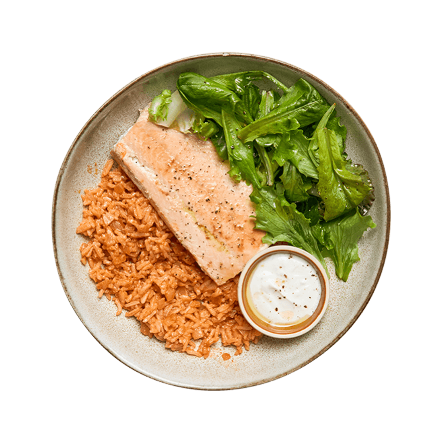 Saumon, riz à la tomate & salade