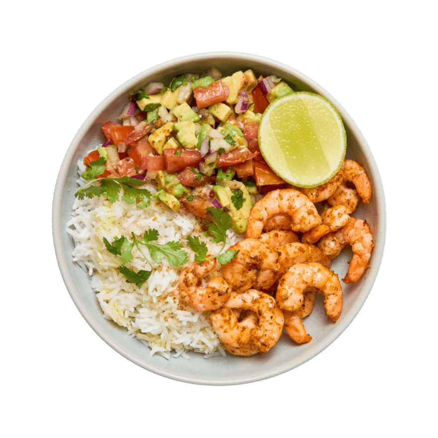 Bowl aux crevettes, riz & salsa à l'avocat