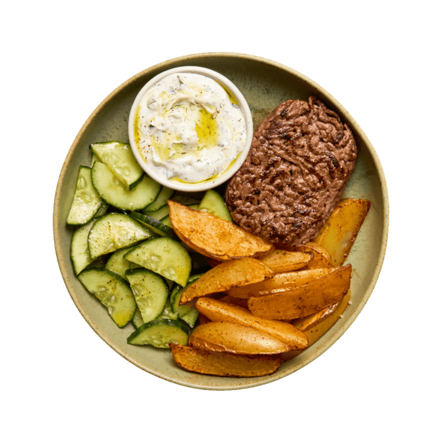 Steak haché, potatoes & tzatziki