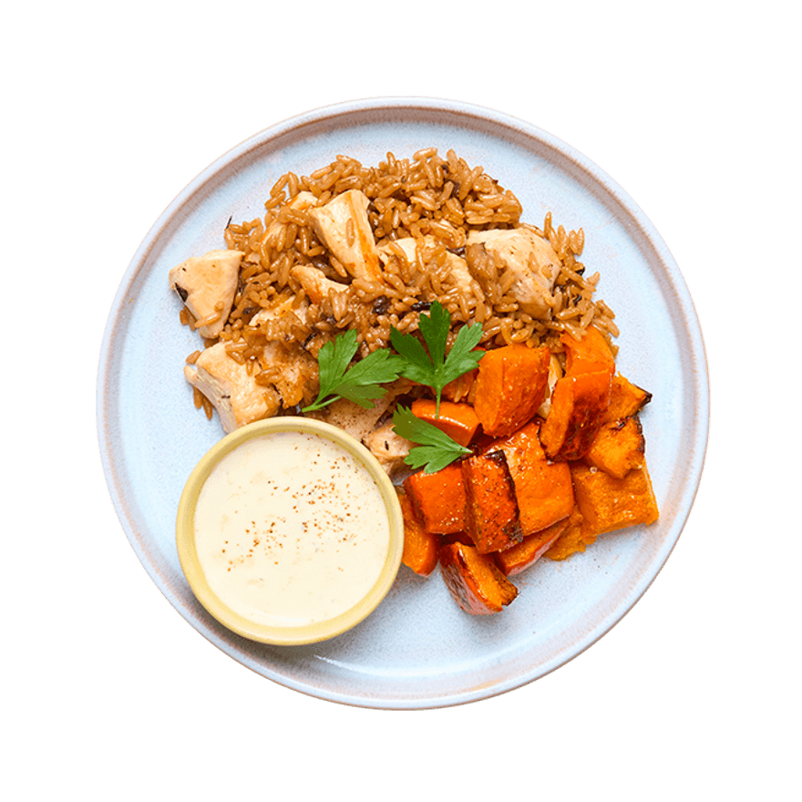 Riz sauté au poulet, potimarron & sauce ail et fines herbes