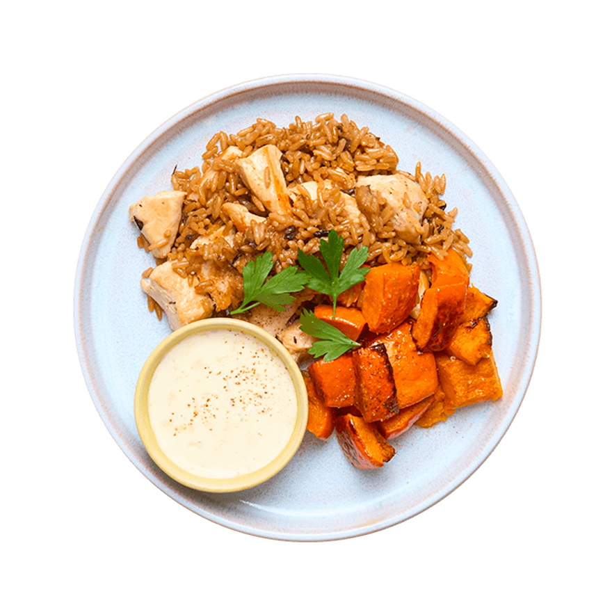 Riz sauté au poulet, potimarron & sauce boursin