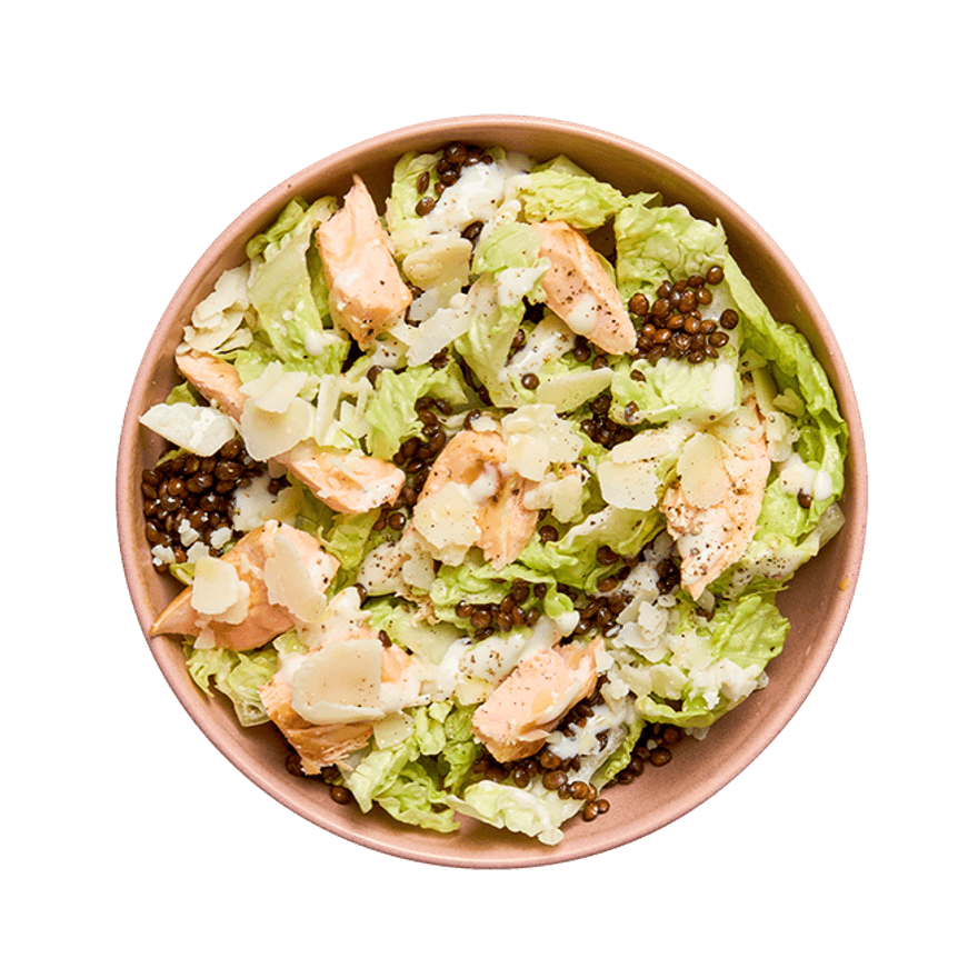 Salade façon césar au saumon & lentilles croustillantes