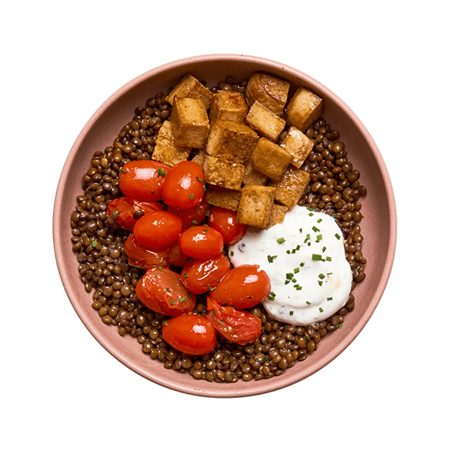Bowl tofu, lentilles & tomates confites