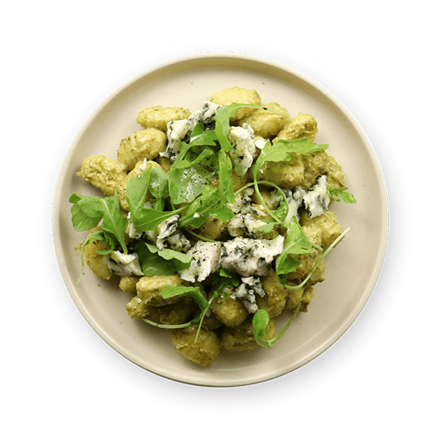 Gnocchi au pesto, bleu & roquette