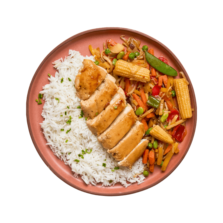 Poulet, poêlée de légumes à l'asiatique & riz