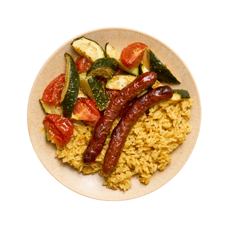 Merguez, légumes grillés & riz à la provençale