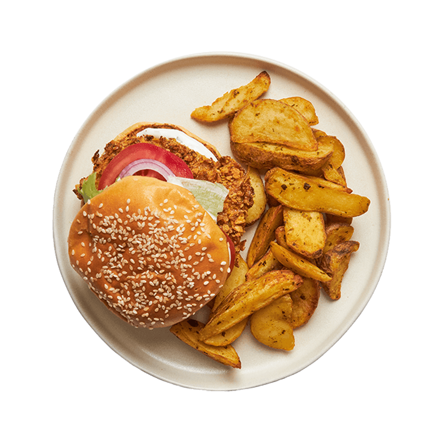 Burger poulet crousti, sauce deluxe & potatoes