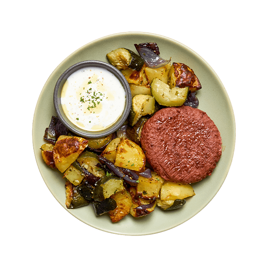 Steak végé, légumes rôtis aux herbes & sauce yaourt