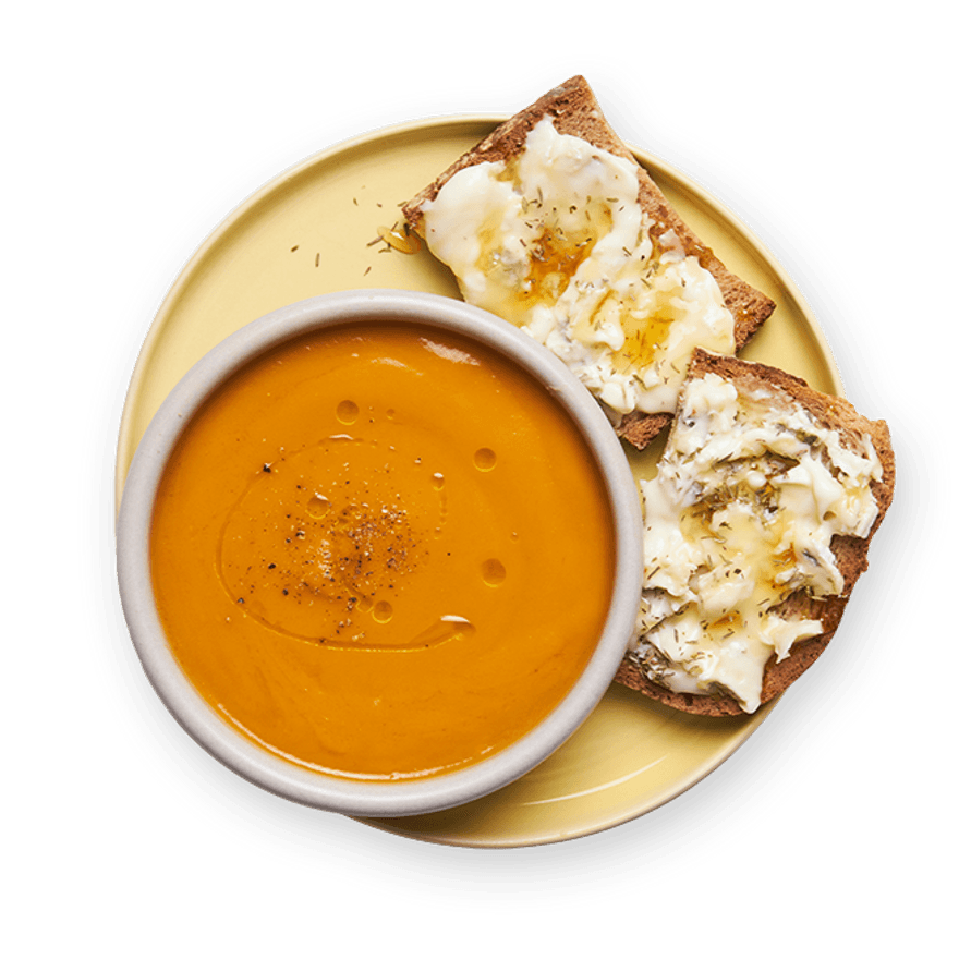 Soupe express au potimarron & toast gorgonzola miel