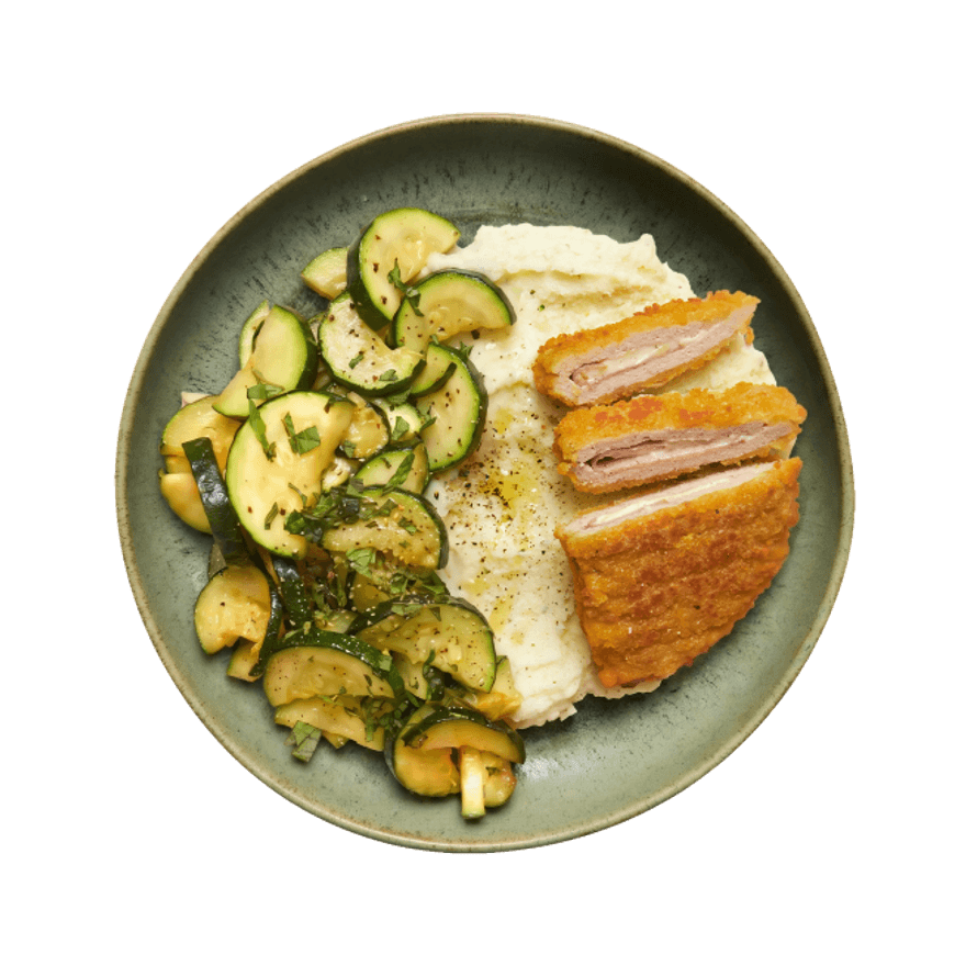 Cordon bleu, purée aux fines herbes & courgettes