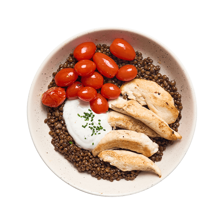 Bowl poulet, lentilles & tomates confites