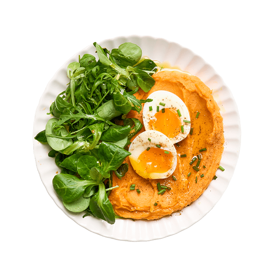 Œuf mollet, purée de patates douces & salade