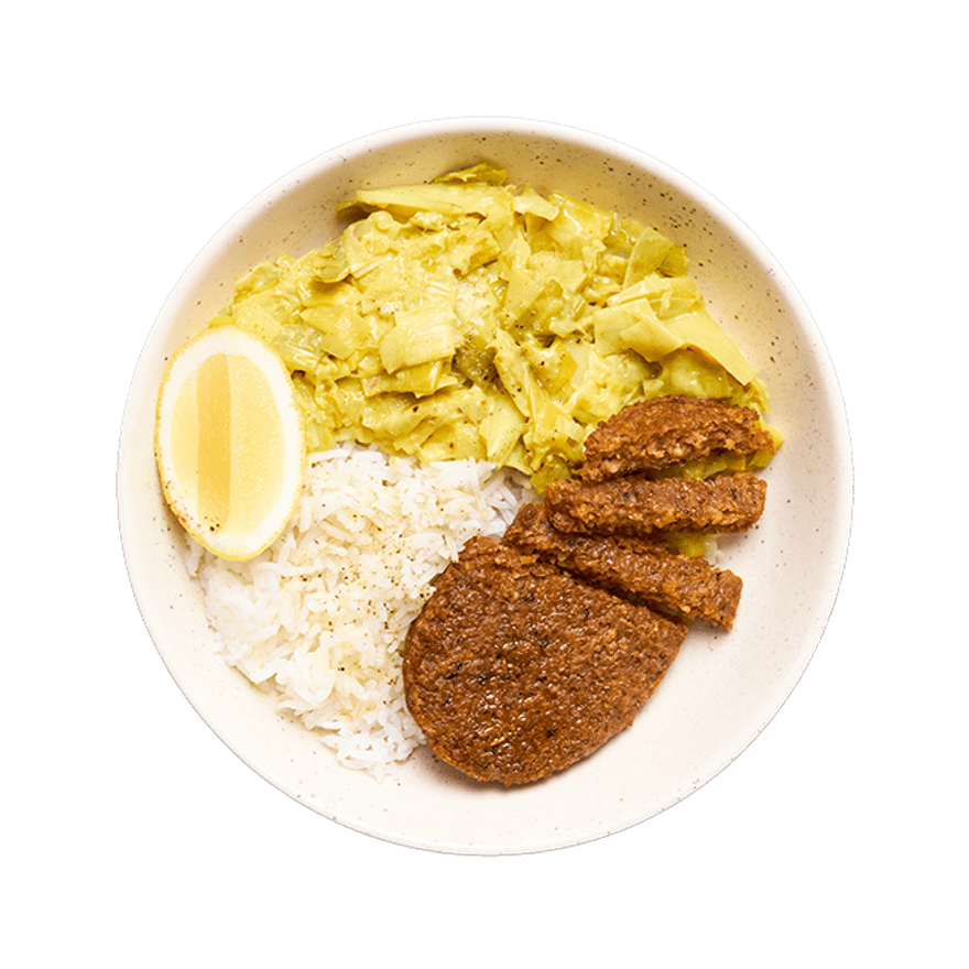 Galette végé, fondue de poireaux au curry & riz