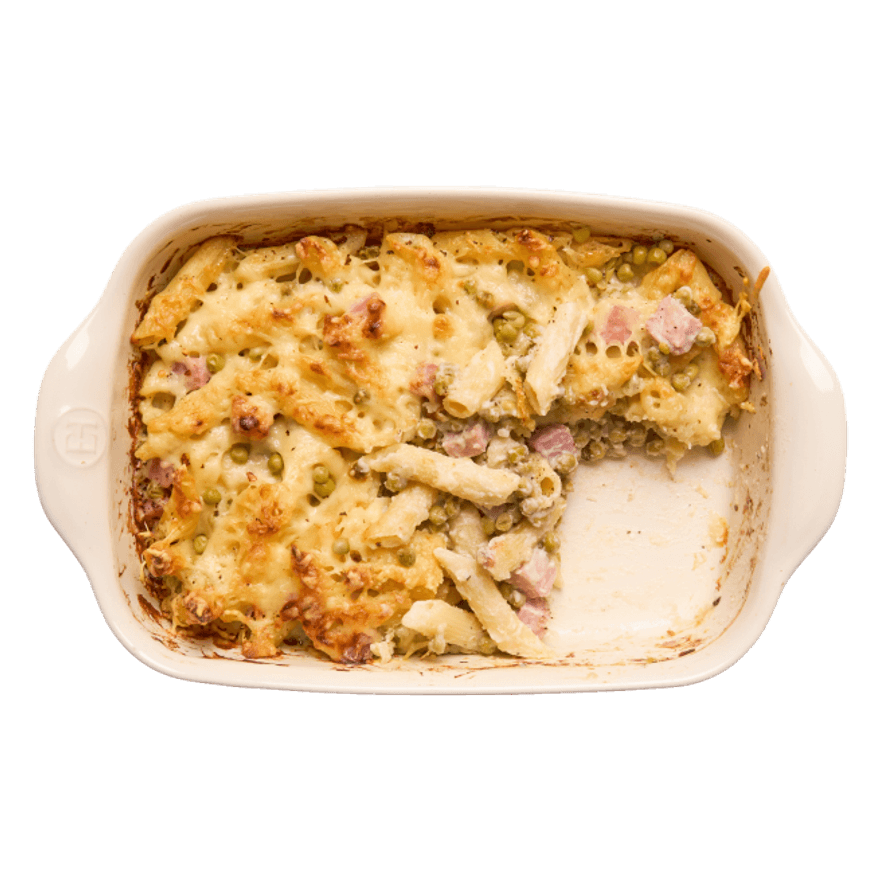 Gratin de pâtes au jambon & petits pois