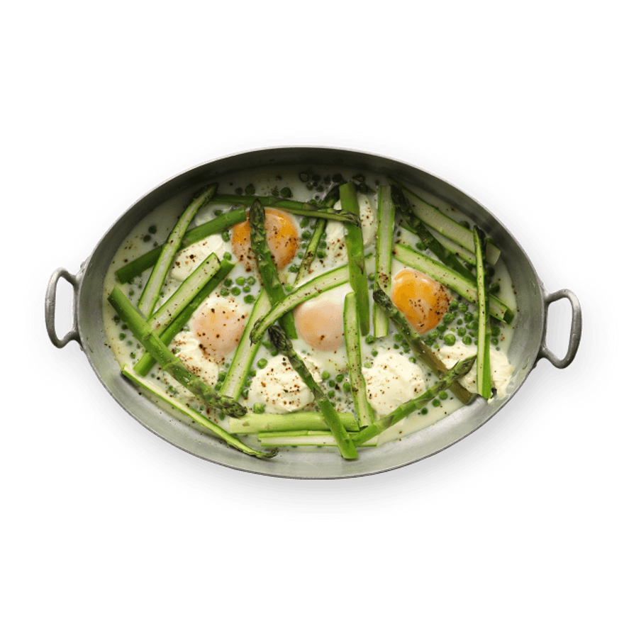 Œufs cocotte aux asperges & petits pois