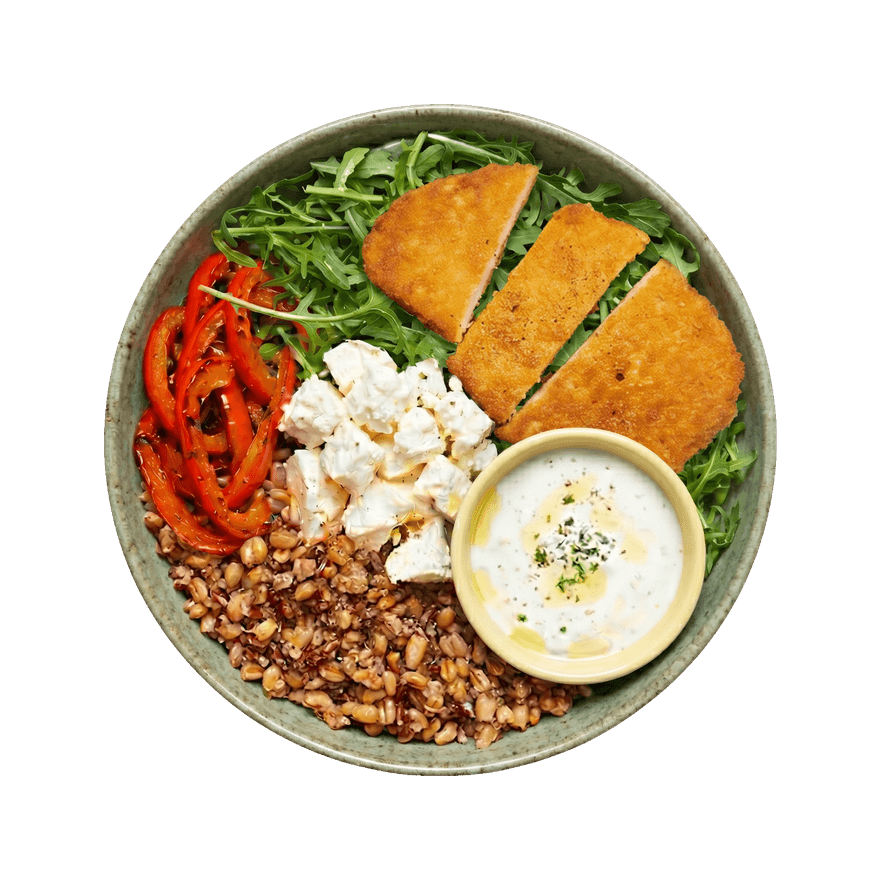 Bowl escalope végé, poivrons marinés & feta