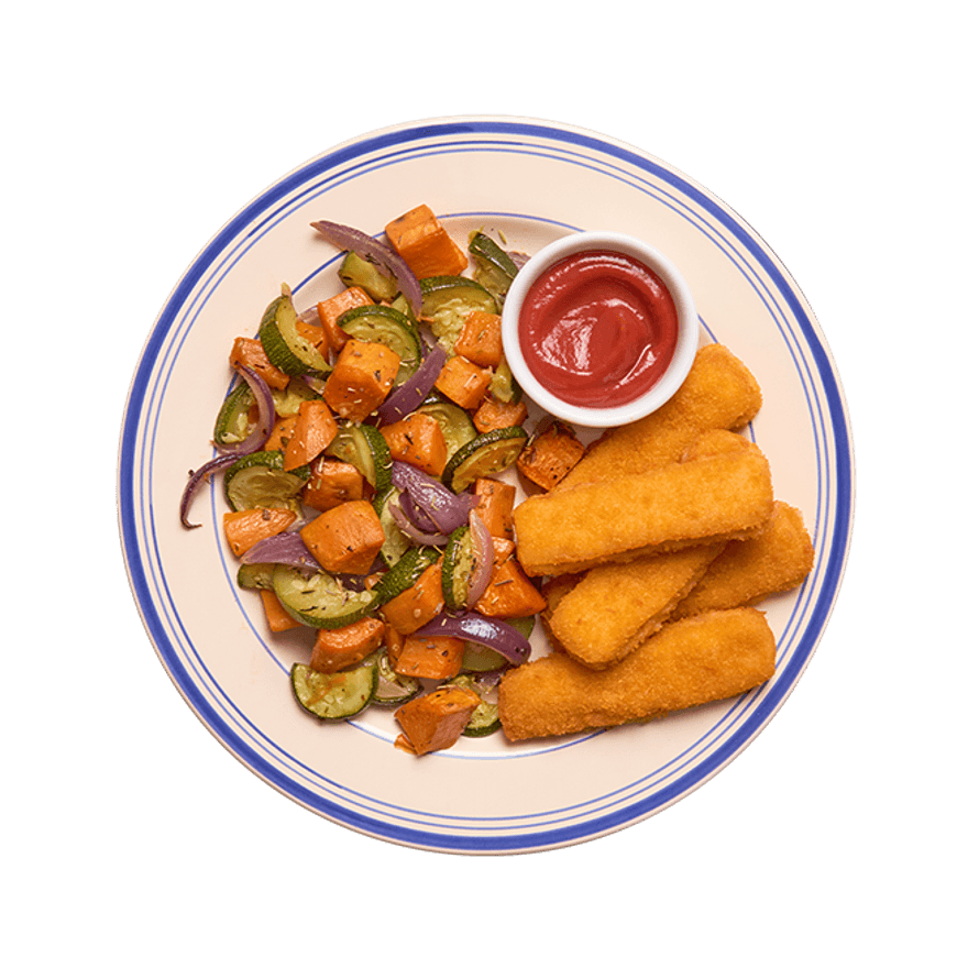 Poisson pané, légumes rôtis & ketchup