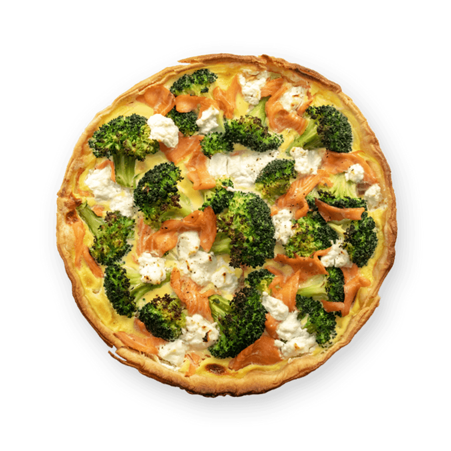 Salmon, broccoli and goat cheese quiche