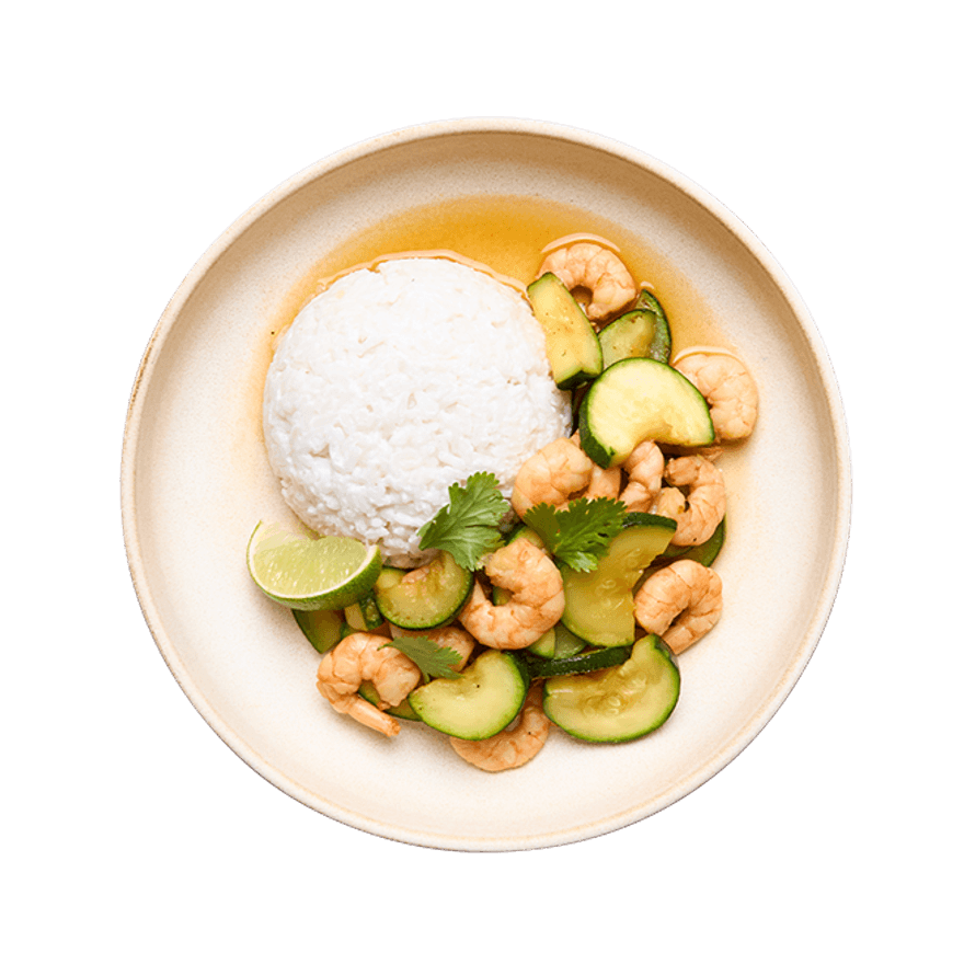 Crevettes sautées au citron vert, courgettes & riz coco