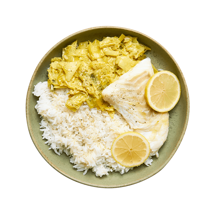 Cabillaud, fondue de poireaux au curry & riz