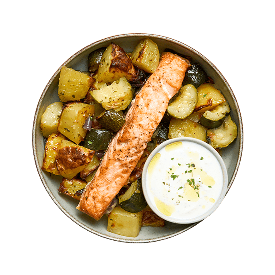 Saumon, légumes rôtis aux herbes & sauce yaourt