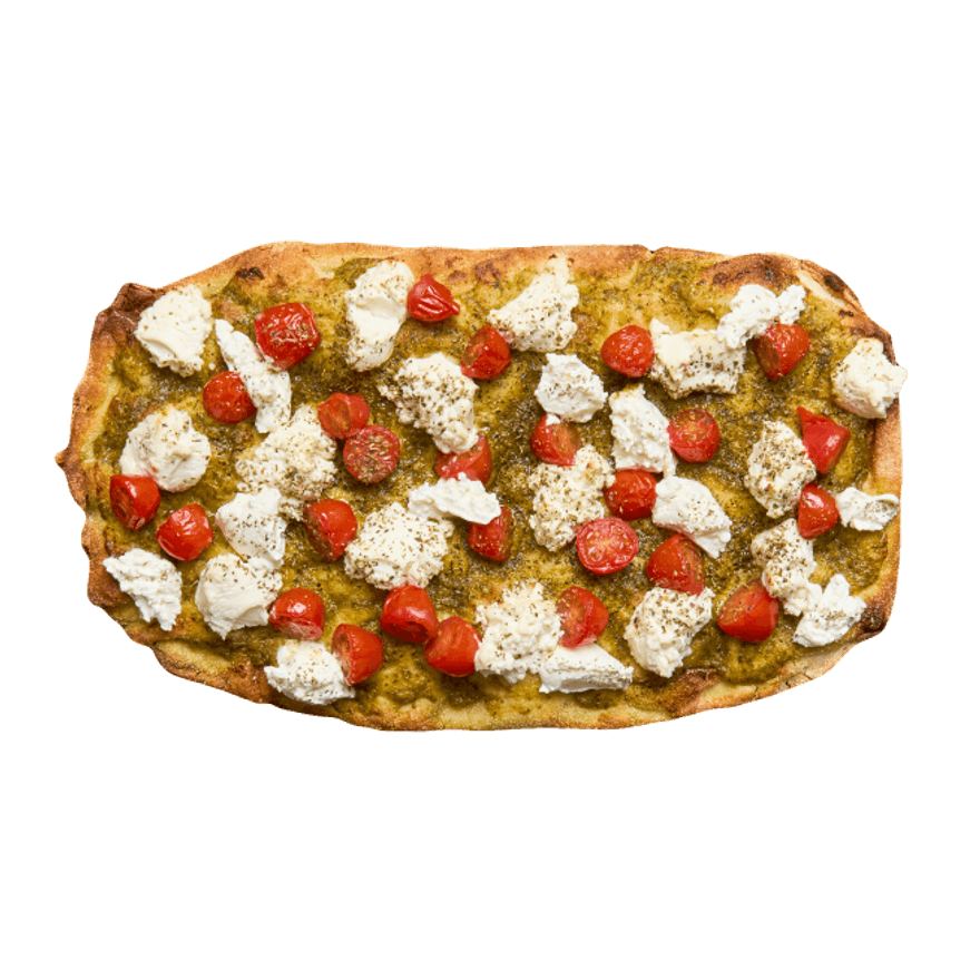 Pinsa au pesto, tomates cerises & fromage fouetté