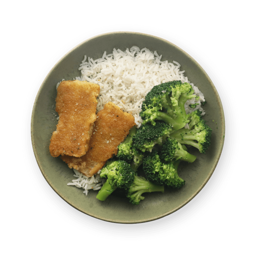 Jow - Recette : Poisson pané, riz & brocoli