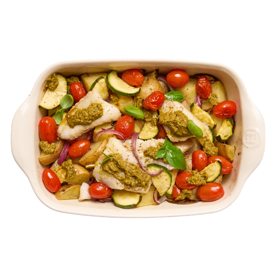 Cabillaud, légumes d'été rôtis & pesto