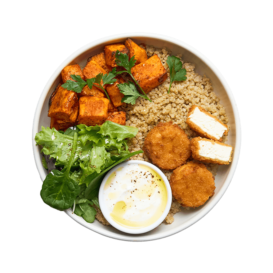 Buddha bowl au chèvre pané & patates douces au air-fryer